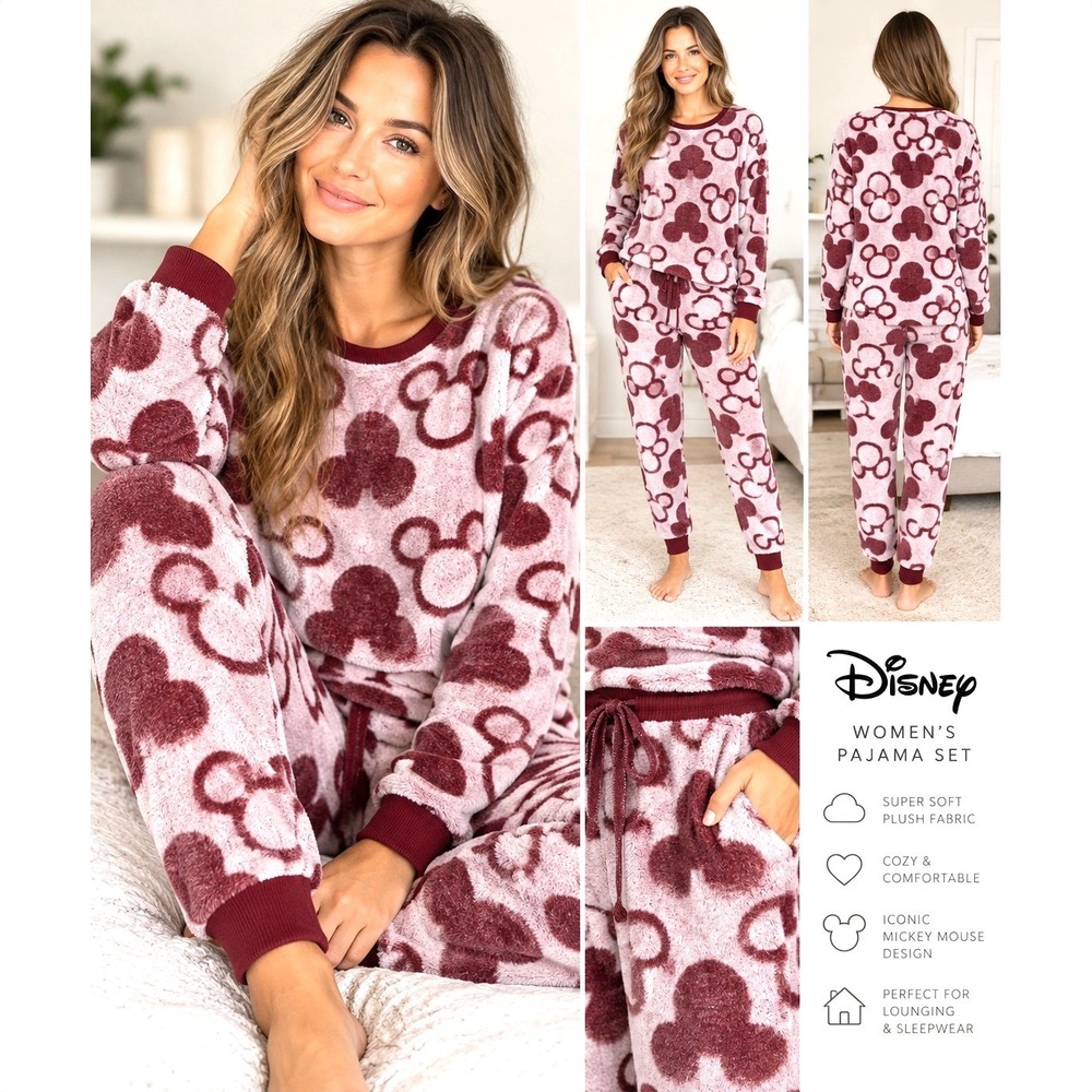 Disney Mickey Mouse Women Plush Pajama Set Burgundy Mauve Large Lounge 2 Piece